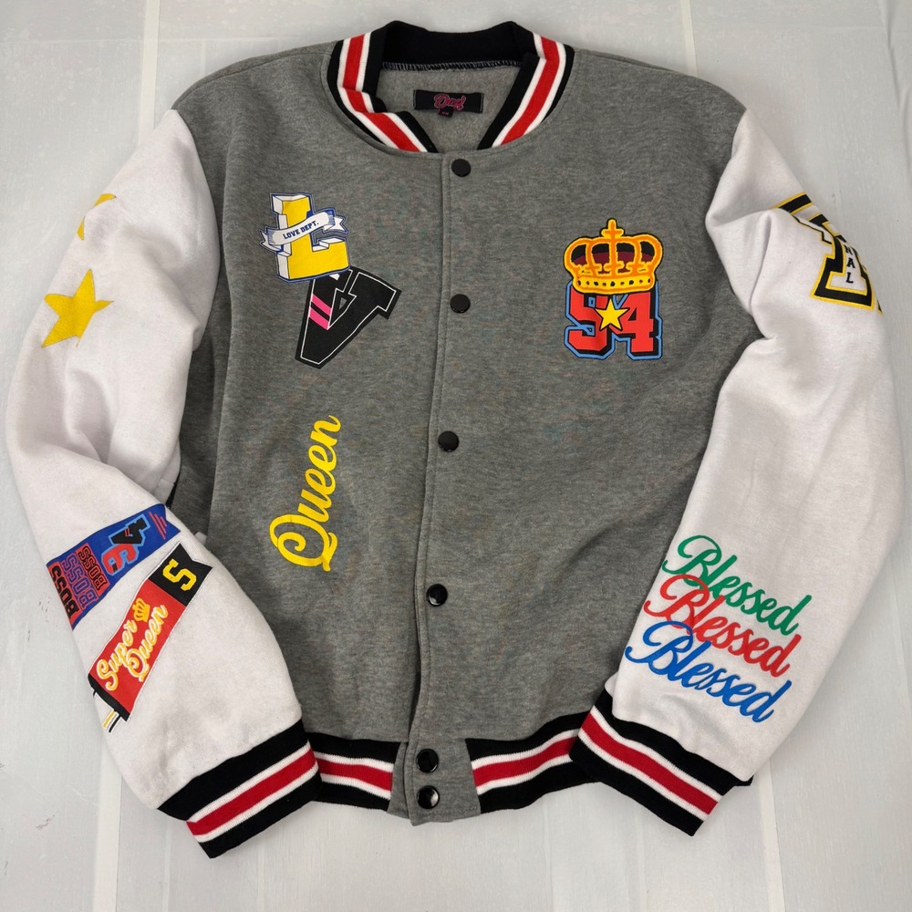 Dazl Varsity Jacket 2X Gray White Patchwork Streetwear Letterman Cozy Fleece